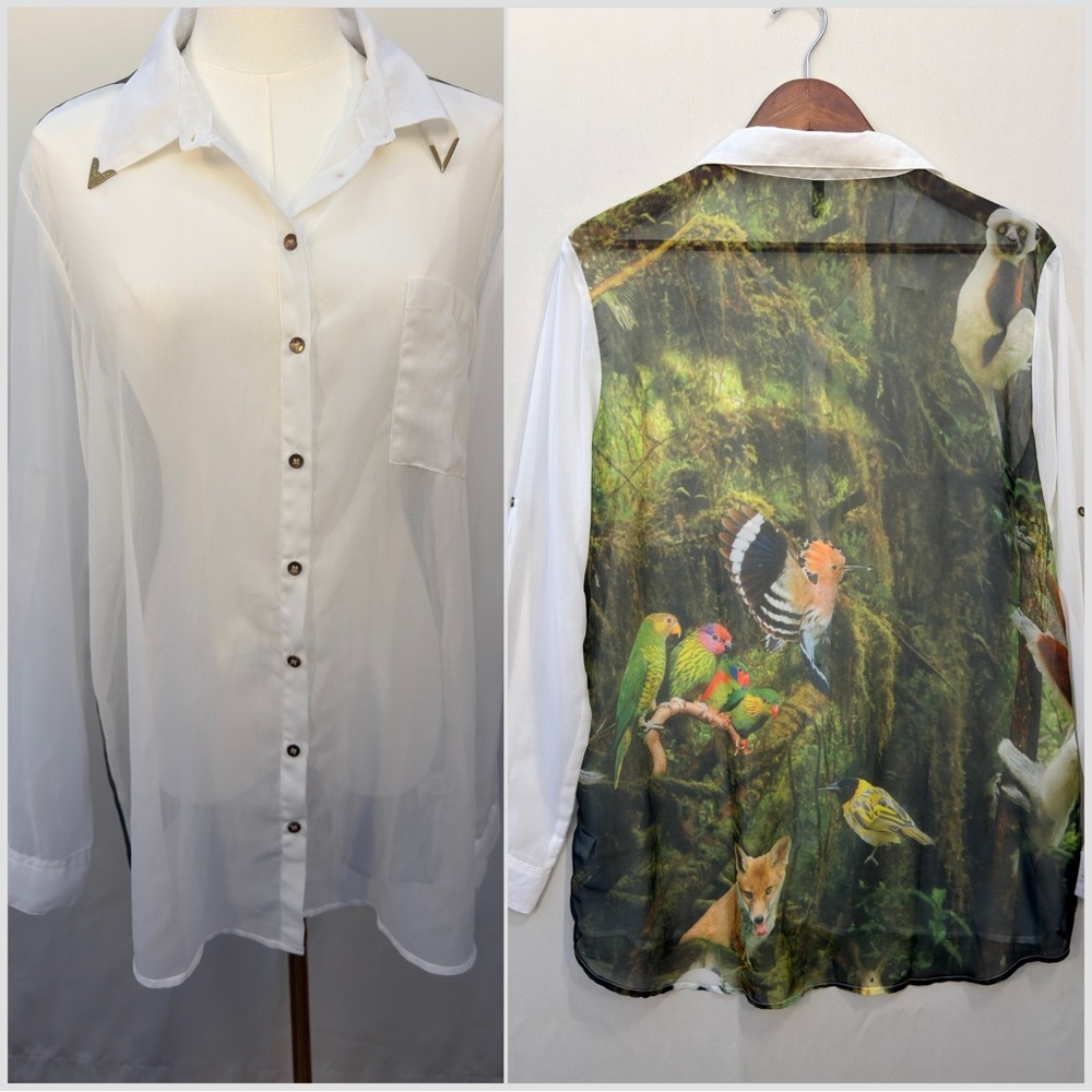 Jungle Animal Print Back Sheer Blouse XXL Western Collar Tip Button Up Shirt